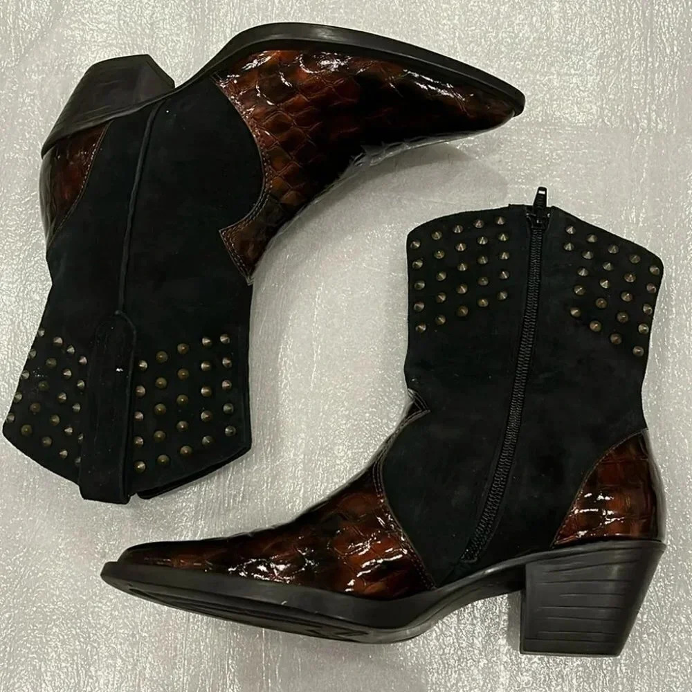 [US 7]Chicos Brown Patent Leather  /Black Suede Mixed Heeled Cowboy Boots-NWOT - Picture 2 of 7